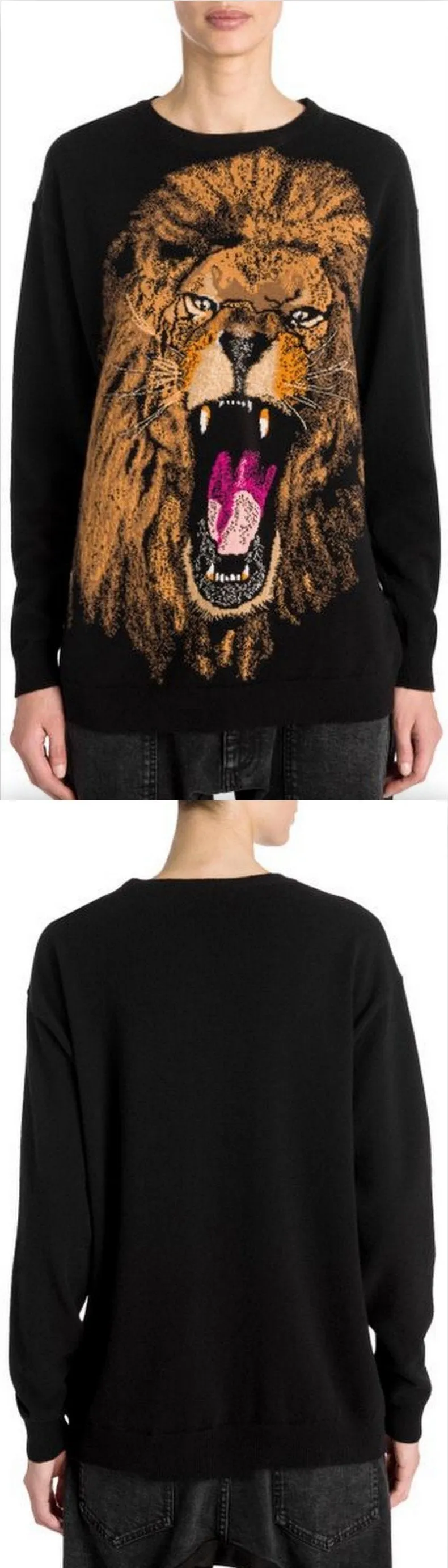 Intarsia Lion Print Wool Sweater