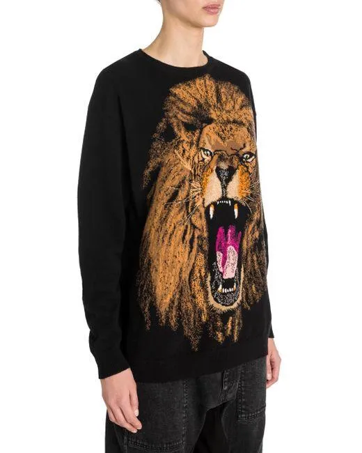 Intarsia Lion Print Wool Sweater