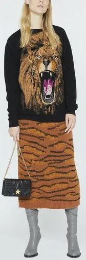 Intarsia Lion Print Wool Sweater
