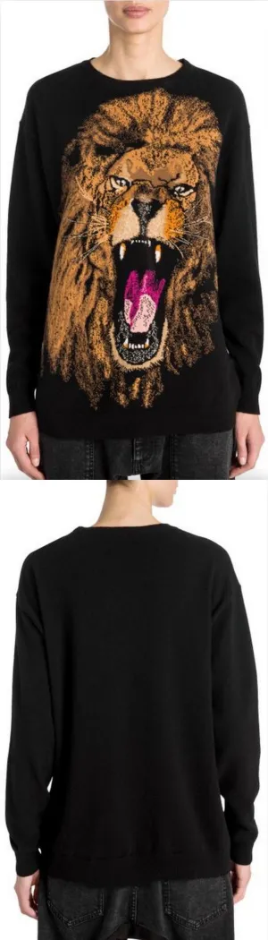 Intarsia Lion Print Wool Sweater