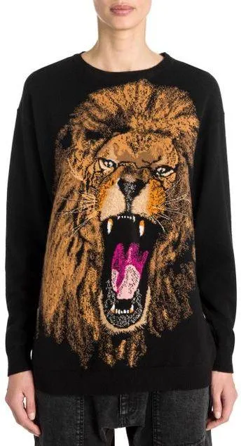 Intarsia Lion Print Wool Sweater