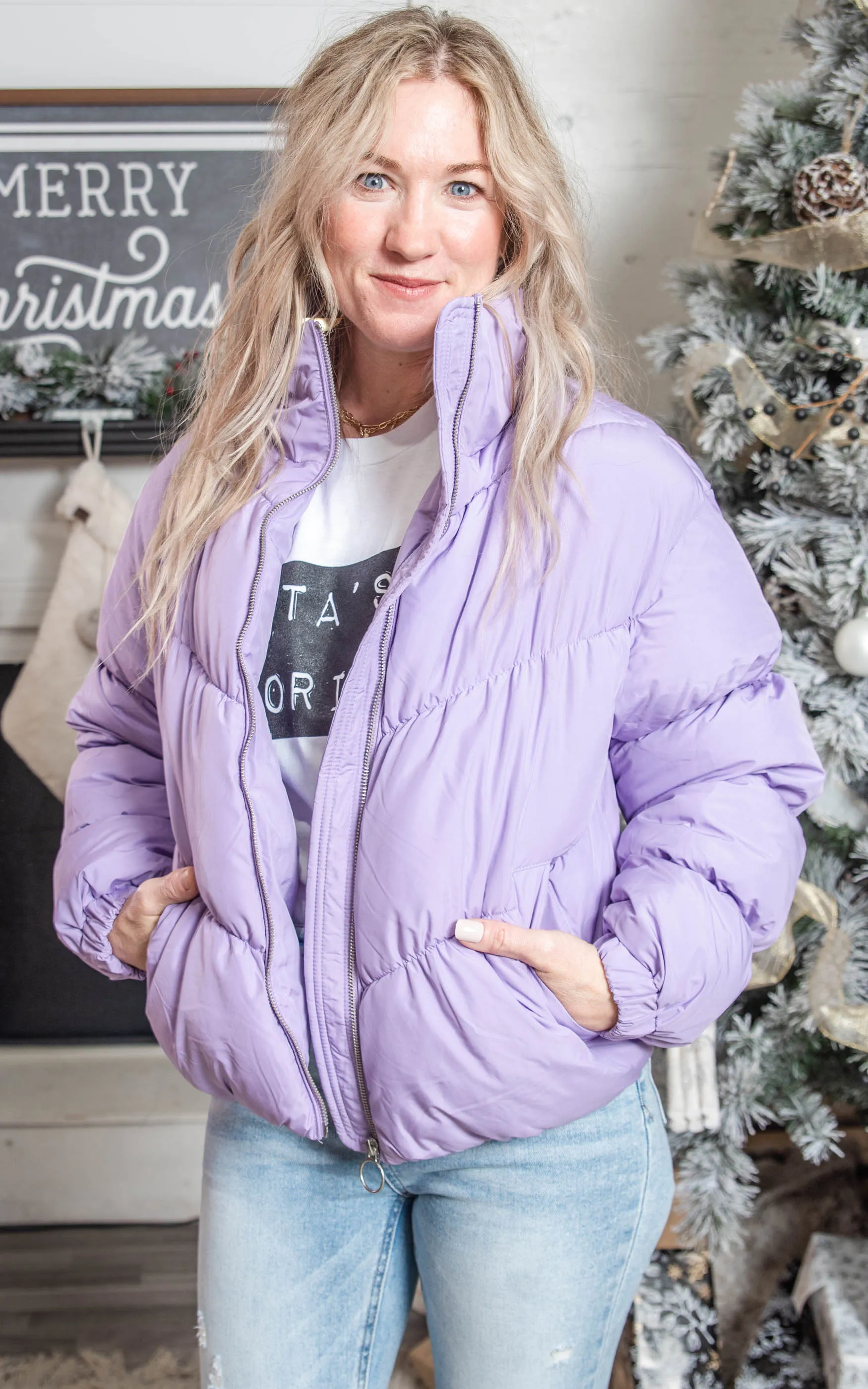 Long Sleeve Fluffy Puffer Jacket  | Lavender - Final Sale