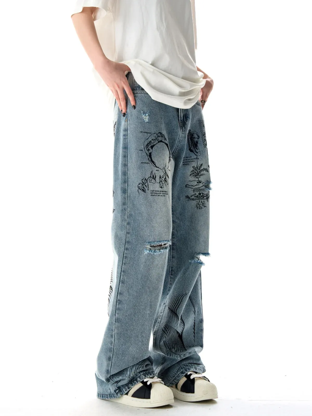 LVSANW 2024  American graffiti printed ripped jeans for men and women, washed and worn loose straight leg wide leg pants