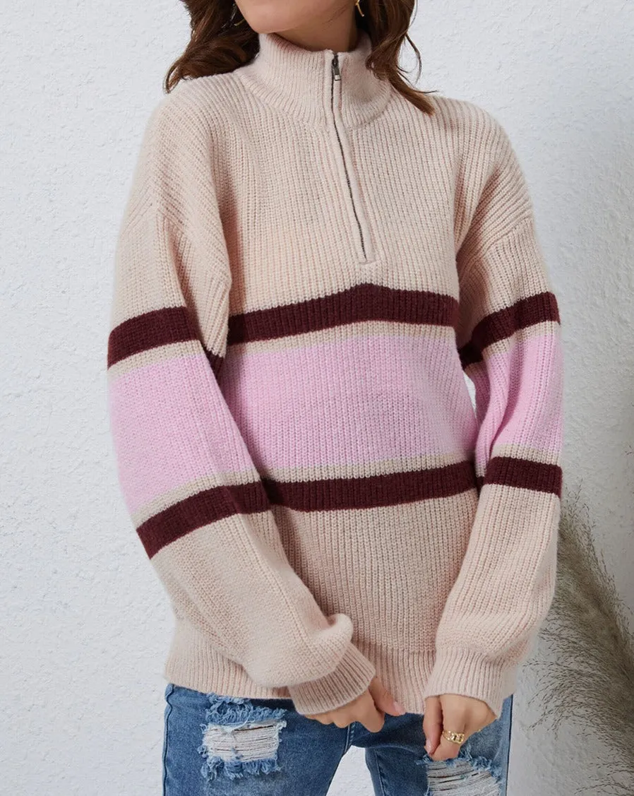 NEW! Stripe Zipper Collared Sweater