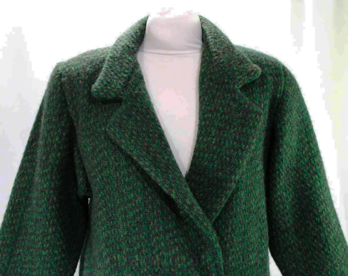 Size 12 Tweed Jacket - 1990s Emerald Green & Purple Wool Blazer - 90s Hip Length Overcoat - Heavy Mohair Tweed - Square Buttons - Bust 40