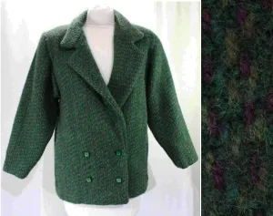 Size 12 Tweed Jacket - 1990s Emerald Green & Purple Wool Blazer - 90s Hip Length Overcoat - Heavy Mohair Tweed - Square Buttons - Bust 40