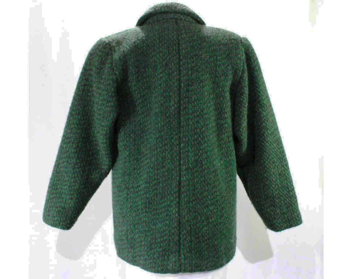 Size 12 Tweed Jacket - 1990s Emerald Green & Purple Wool Blazer - 90s Hip Length Overcoat - Heavy Mohair Tweed - Square Buttons - Bust 40