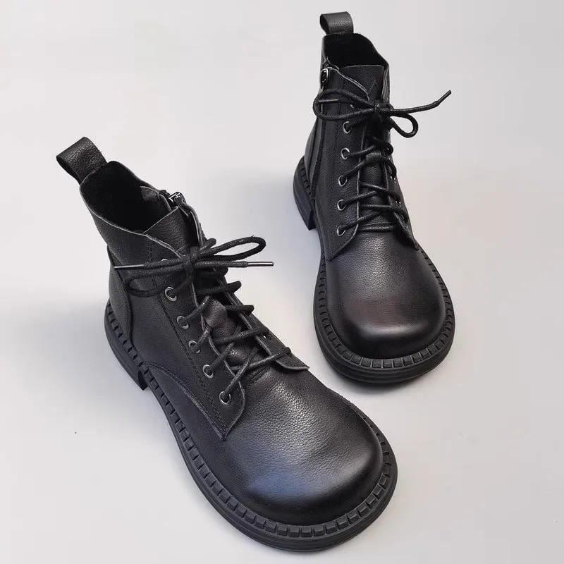 Women's Leather Big Toe Lace up Ankle Boot Side Zip Martin Boots Fleece Lined in Black/Brown
