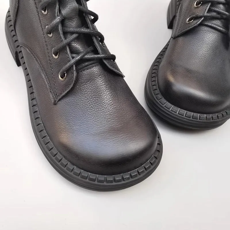 Women's Leather Big Toe Lace up Ankle Boot Side Zip Martin Boots Fleece Lined in Black/Brown
