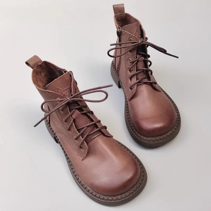 Women's Leather Big Toe Lace up Ankle Boot Side Zip Martin Boots Fleece Lined in Black/Brown
