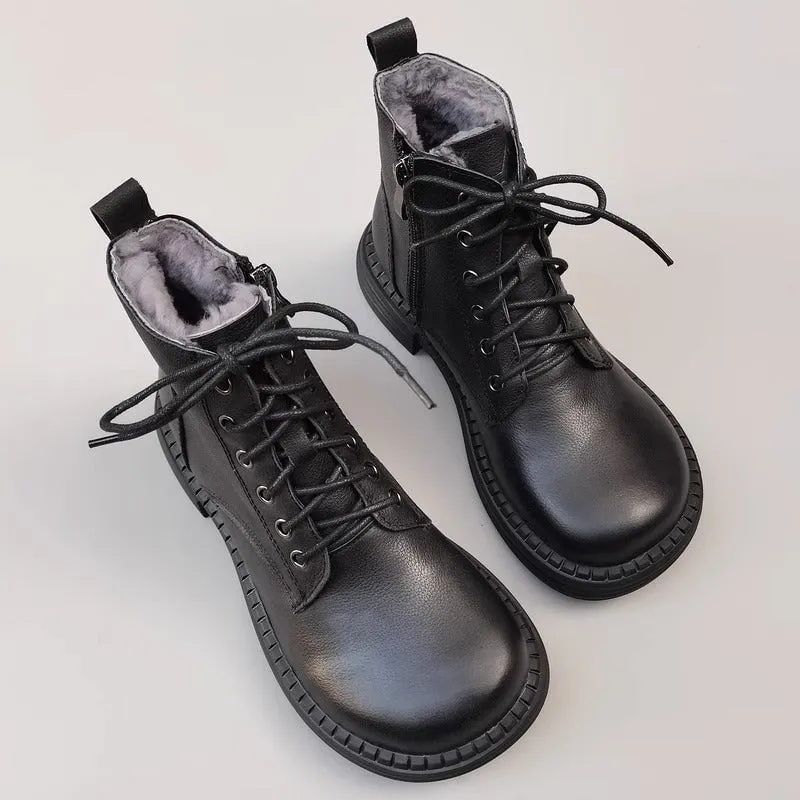 Women's Leather Big Toe Lace up Ankle Boot Side Zip Martin Boots Fleece Lined in Black/Brown