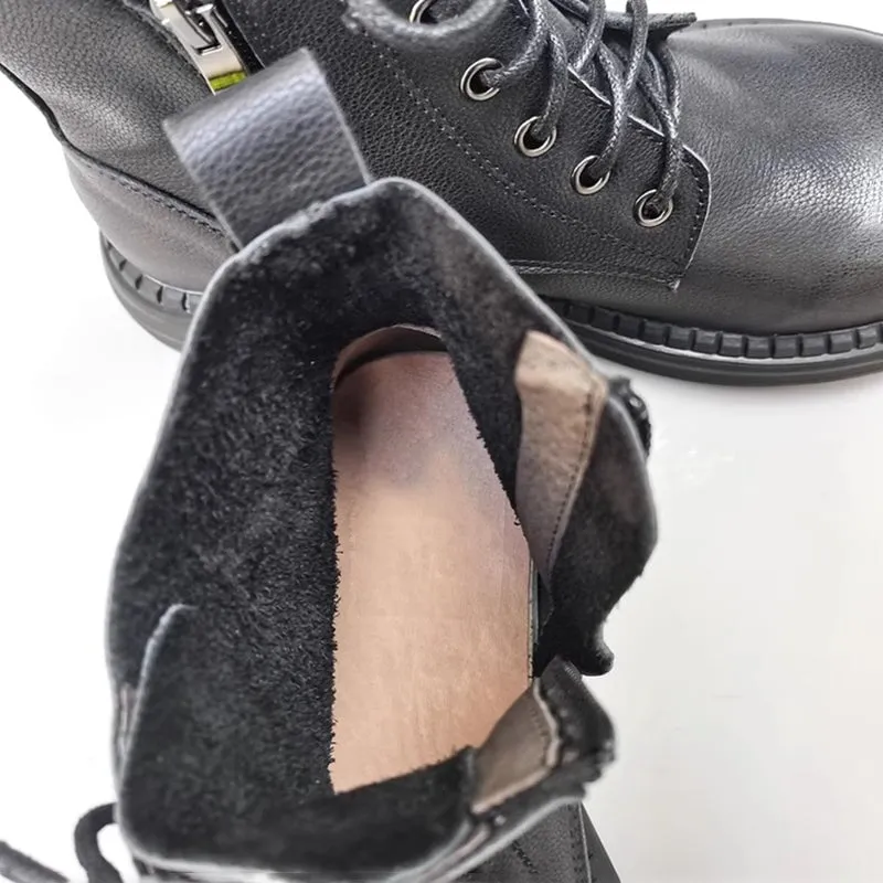 Women's Leather Big Toe Lace up Ankle Boot Side Zip Martin Boots Fleece Lined in Black/Brown