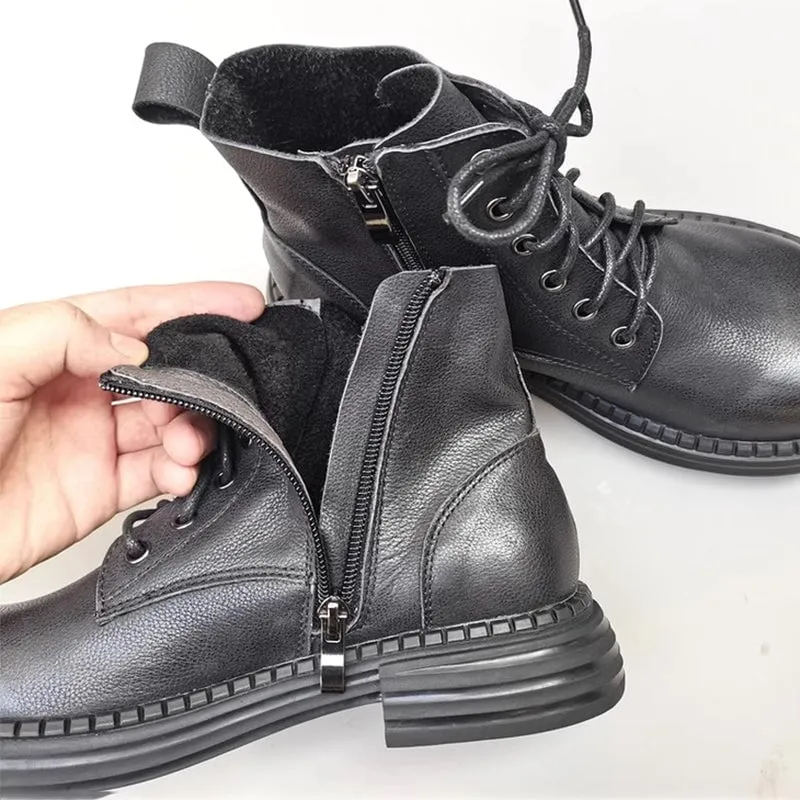 Women's Leather Big Toe Lace up Ankle Boot Side Zip Martin Boots Fleece Lined in Black/Brown